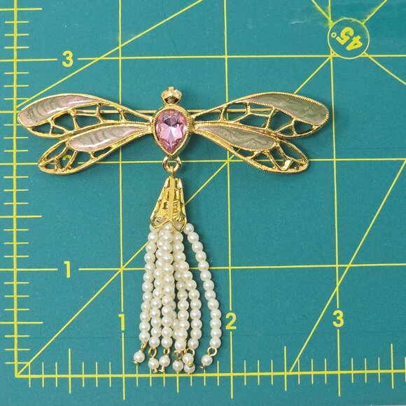 Vintage Avon Dragonfly Brooch Pink Stone Articulating Pearl Tassel - Picture 7 of 9